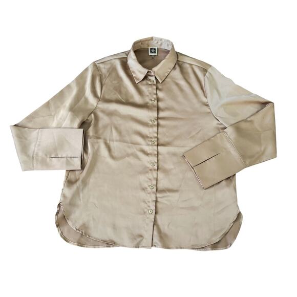 Anne Klein Gold Satin Button-Down Dress Shirt Womens Size L - Picture 1 of 9